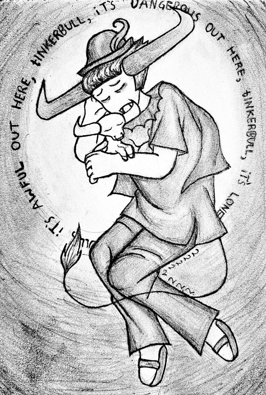 A traditional drawing of Tavros in his Boy Skylark outfit. He is laying down, eyes closed and mouth in a frown, hugging a sleeping Tinkerbull. The words “iT’S AWFUL OUT HERE, tINKERBULL, iT’S DANGEROUS OUT HERE, tINKERBULL, iT’S LONELY OUT HERE, tINKERBULL,” circle around them.